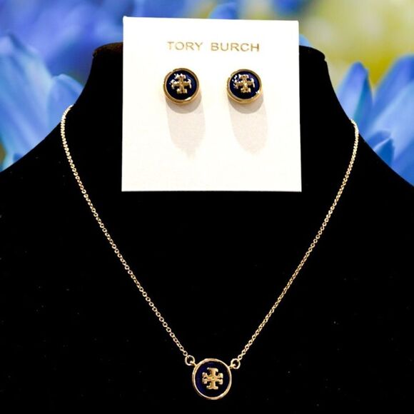 TORY BURCH KIRA ENAMELED PENDANT NECKLACE AND EARRINGS SET IN MIDNIGHT B… - Picture 2 of 4
